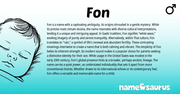 Infographic about Fon name meaning, Fon is a name from Thai, Gaelic origin(s).
