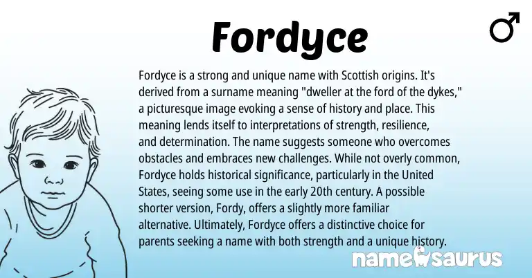 Infographic about Fordyce name meaning, Fordyce is a name from Scottish origin(s).