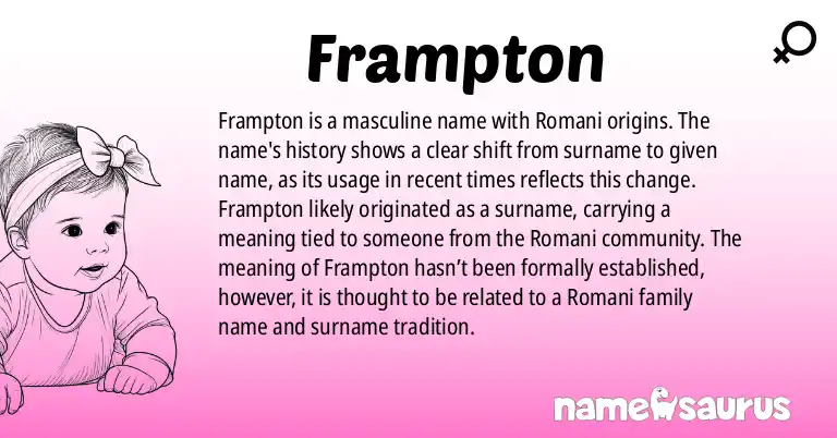 Infographic about Frampton name meaning, Frampton is a name from Romani origin(s).