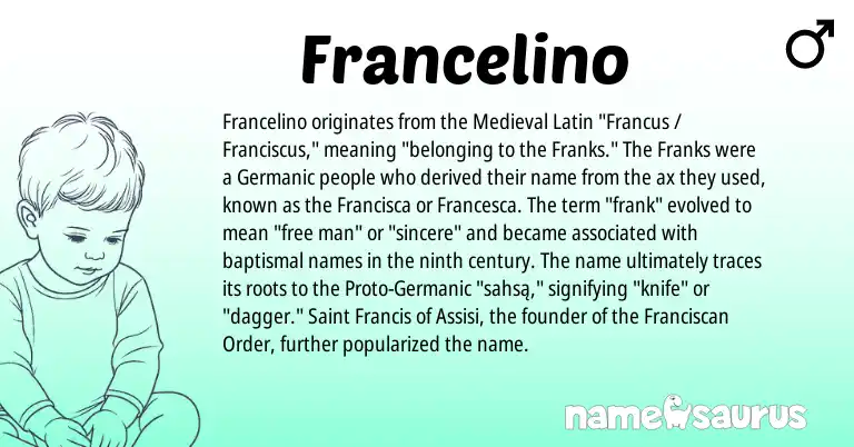 Infographic about Francelino name meaning, Francelino is a name from Germanic, Medieval Latin origin(s).