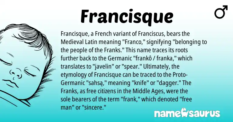Infographic about Francisque name meaning, Francisque is a name from Germanic, French, Medieval Latin origin(s).