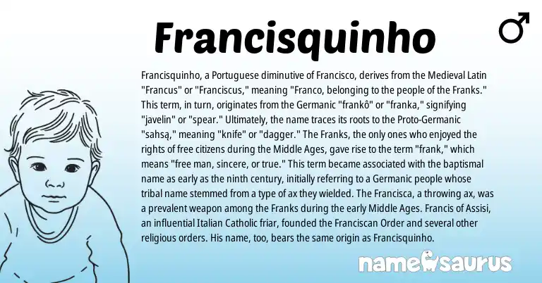 Infographic about Francisquinho name meaning, Francisquinho is a name from Germanic, Medieval Latin, Italian, Portuguese origin(s).