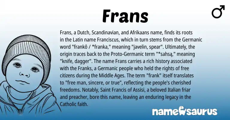 Infographic about Frans name meaning, Frans is a name from Scandinavian, Afrikaans, Germanic, Latin, Dutch, Italian origin(s).