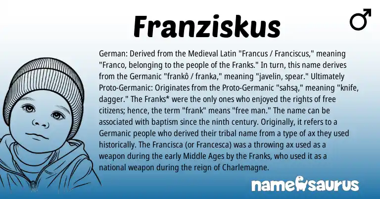 Infographic about Franziskus name meaning, Franziskus is a name from German, Germanic, Medieval Latin origin(s).