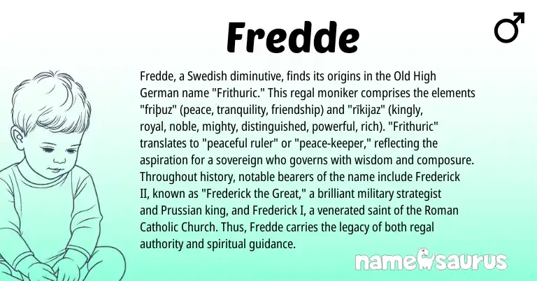 Infographic about Fredde name meaning, Fredde is a name from Old High German, Swedish, Roman, Prussian origin(s).