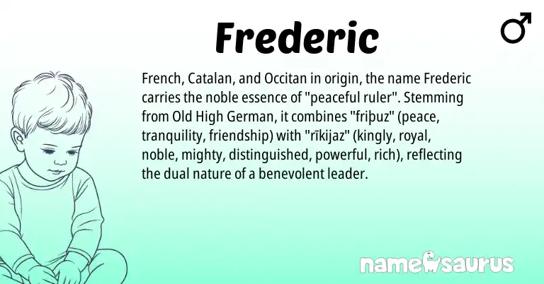 Infographic about Frederic name meaning, Frederic is a name from Old High German, French, Occitan, Catalan origin(s).