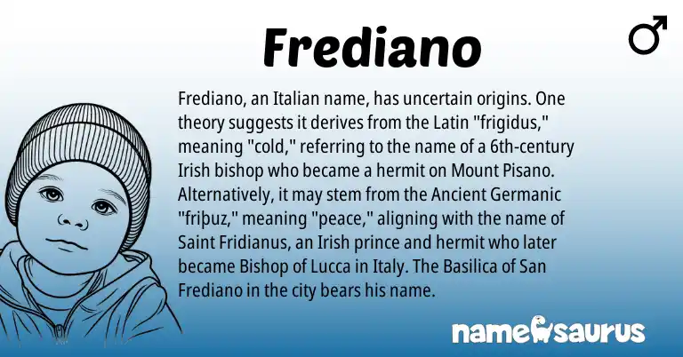 Infographic about Frediano name meaning, Frediano is a name from Irish, Latin, Ancient Germanic, Italian origin(s).