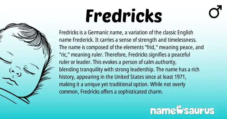 Infographic about Fredricks name meaning, Fredricks is a name from Germanic, English origin(s).
