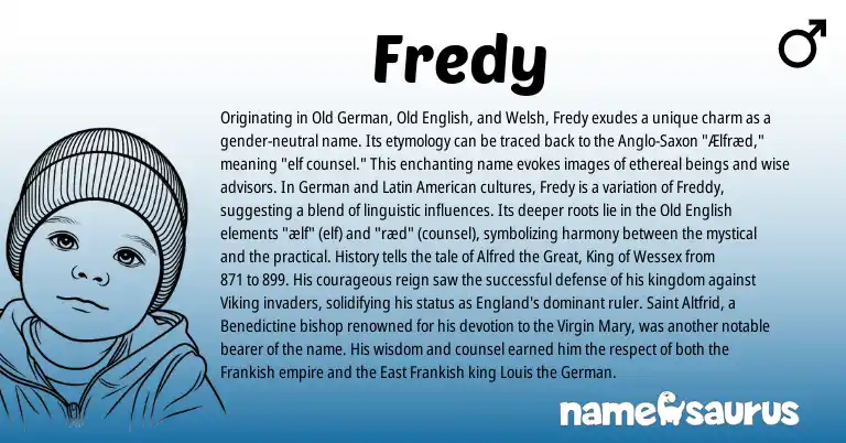 Infographic about Fredy name meaning, Fredy is a name from German, Anglo-Saxon, Welsh, Frankish, England, Latin, Old German, Old English, American origin(s).