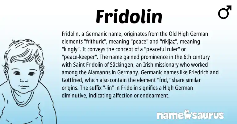 Infographic about Fridolin name meaning, Fridolin is a name from Old High German, German, Germanic, Irish origin(s).