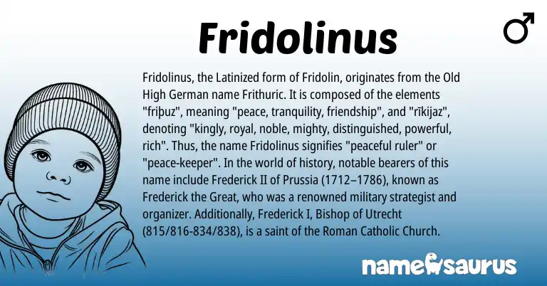 Infographic about Fridolinus name meaning, Fridolinus is a name from Old High German, Roman origin(s).