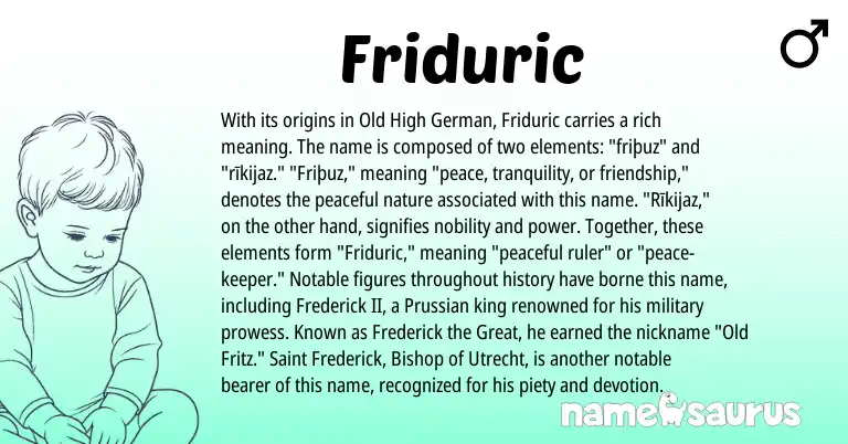 Infographic about Friduric name meaning, Friduric is a name from Old High German, Prussian origin(s).