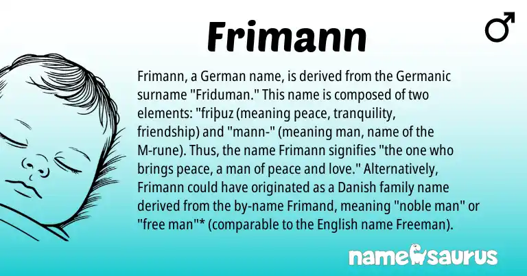 Infographic about Frimann name meaning, Frimann is a name from German, English, Germanic, Danish origin(s).