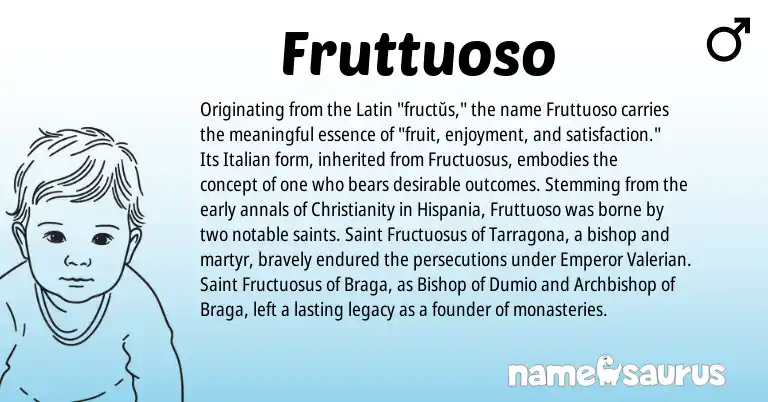 Infographic about Fruttuoso name meaning, Fruttuoso is a name from Christianity, Latin, Italian origin(s).