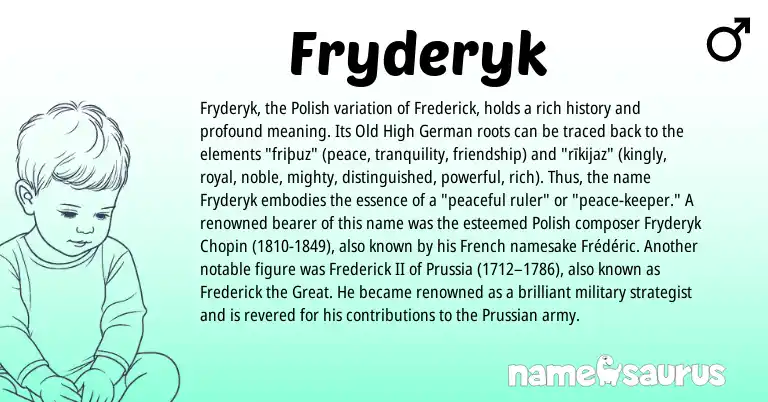 Infographic about Fryderyk name meaning, Fryderyk is a name from Old High German, Polish, French, Prussian origin(s).