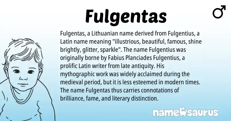 Infographic about Fulgentas name meaning, Fulgentas is a name from Lithuanian, Latin origin(s).