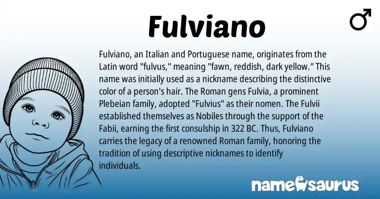 Infographic about Fulviano name meaning, Fulviano is a name from Roman, Portuguese, Latin, Italian origin(s).