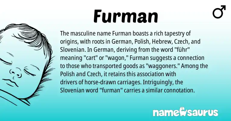 Infographic about Furman name meaning, Furman is a name from Polish, Slovenian, German, Czech, Hebrew origin(s).