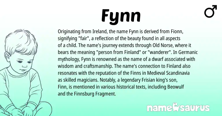 Infographic about Fynn name meaning, Fynn is a name from Frisian, Old Norse, Ireland, Germanic origin(s).