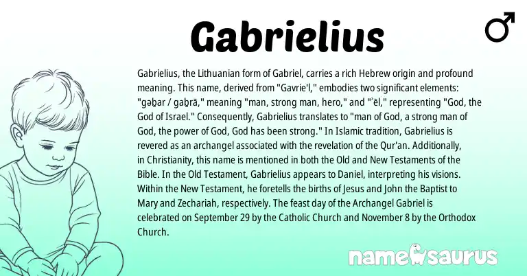 Infographic about Gabrielius name meaning, Gabrielius is a name from Lithuanian, Christianity, Hebrew origin(s).