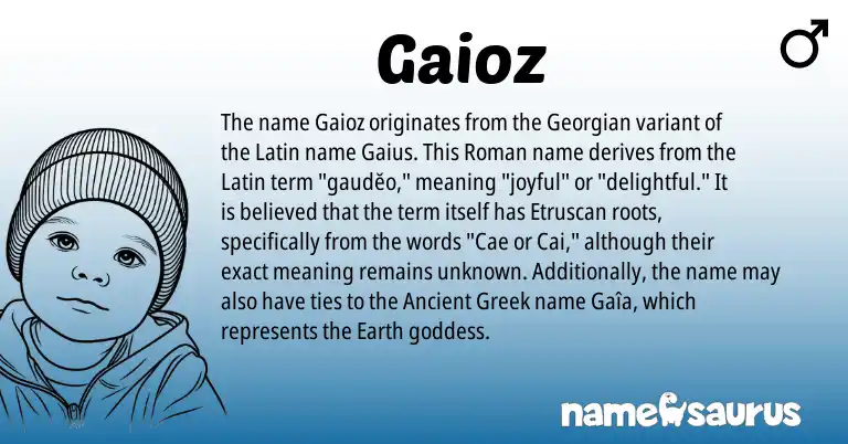 Infographic about Gaioz name meaning, Gaioz is a name from Ancient Greek, Georgian, Etruscan, Roman, Latin origin(s).