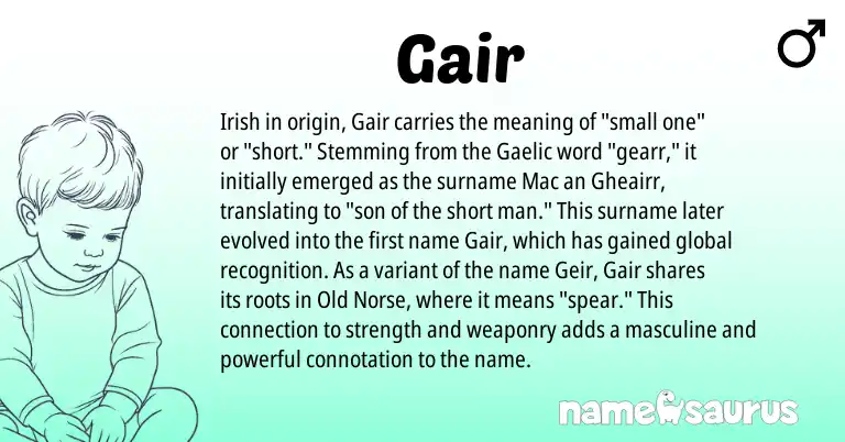 Infographic about Gair name meaning, Gair is a name from Irish, Old Norse, Gaelic origin(s).