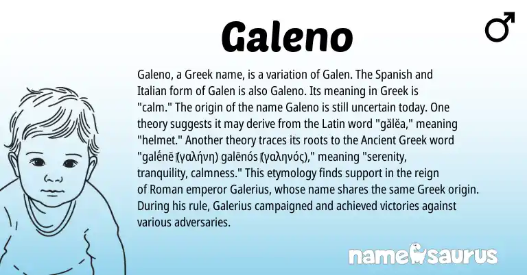 Infographic about Galeno name meaning, Galeno is a name from Ancient Greek, Spanish, Latin, Roman, Greek, Italian origin(s).