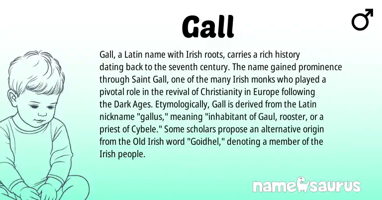 Infographic about Gall name meaning, Gall is a name from Irish, Christianity, Latin, Old Irish origin(s).