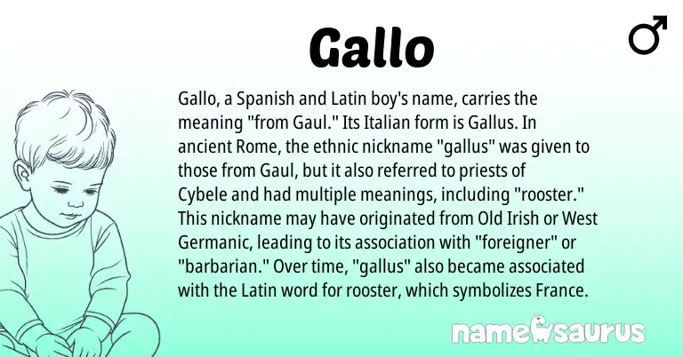 Infographic about Gallo name meaning, Gallo is a name from Gallo, Spanish, West Germanic, Latin, Old Irish, Italian origin(s).