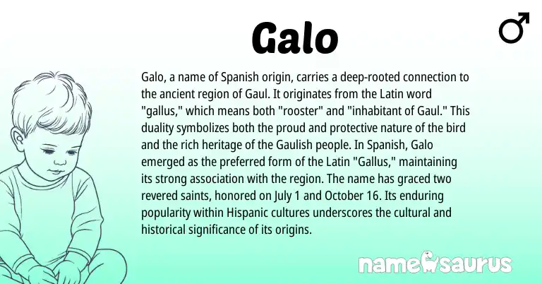 Infographic about Galo name meaning, Galo is a name from Spanish, Hispanic, Latin, Gaulish origin(s).