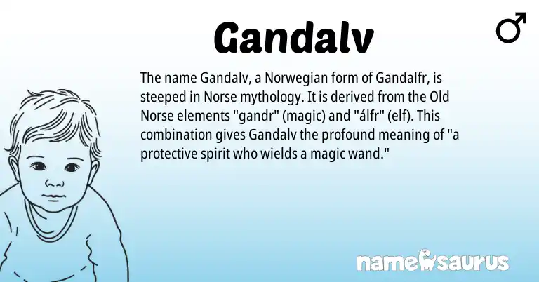 Infographic about Gandalv name meaning, Gandalv is a name from Norwegian, Old Norse, Norse origin(s).