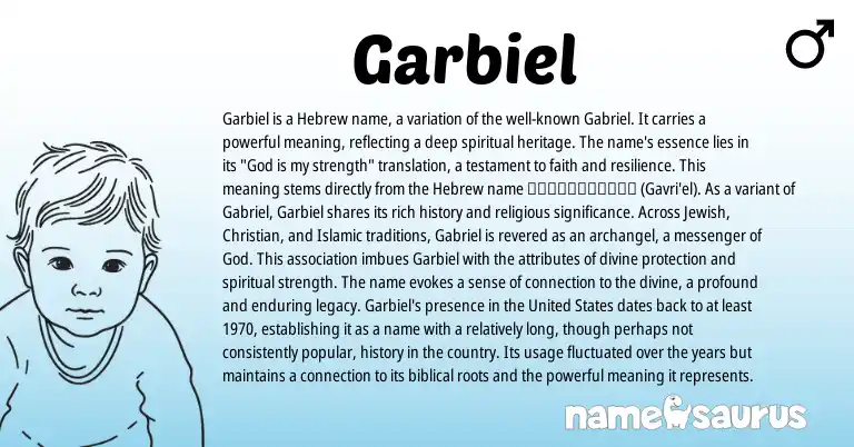 Infographic about Garbiel name meaning, Garbiel is a name from Jewish, Hebrew, Aramaic, Arabic origin(s).