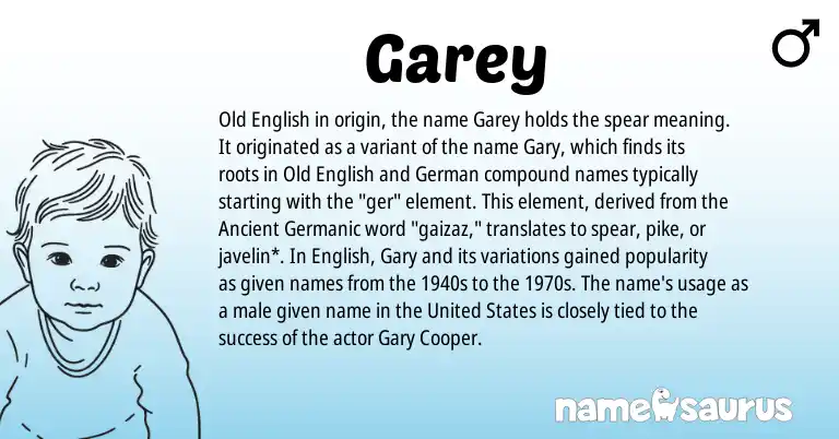 Infographic about Garey name meaning, Garey is a name from German, United States, English, Ancient Germanic, Old English origin(s).