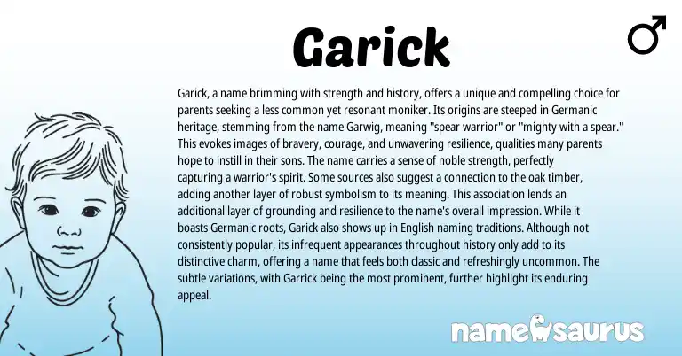 Infographic about Garick name meaning, Garick is a name from English, Germanic origin(s).