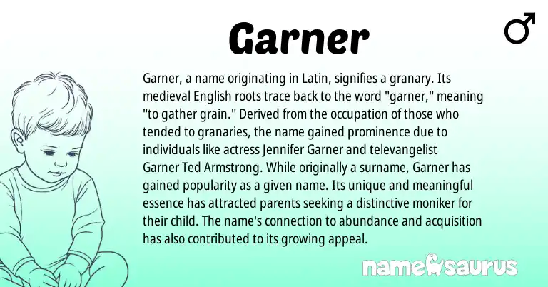 Infographic about Garner name meaning, Garner is a name from English, Latin origin(s).