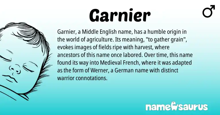 Infographic about Garnier name meaning, Garnier is a name from Middle English, German, Medieval French origin(s).