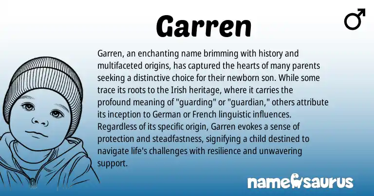 Infographic about Garren name meaning, Garren is a name from Irish, German, French origin(s).