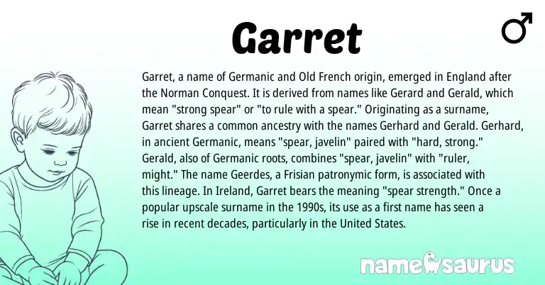 Infographic about Garret name meaning, Garret is a name from United States, Ireland, Old French, England, Germanic, Frisian, Norman origin(s).