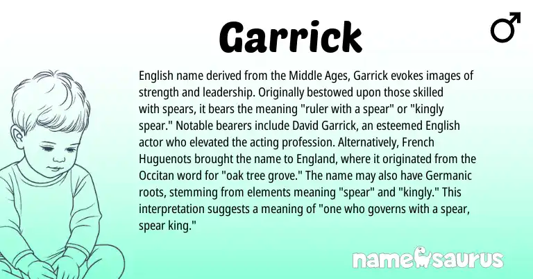 Infographic about Garrick name meaning, Garrick is a name from English, Occitan, England, French, Germanic origin(s).