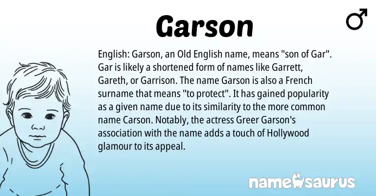 Infographic about Garson name meaning, Garson is a name from Old English, English, French origin(s).
