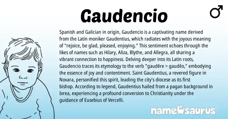 Infographic about Gaudencio name meaning, Gaudencio is a name from Galician, Spanish, Christianity, Latin origin(s).