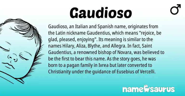 Infographic about Gaudioso name meaning, Gaudioso is a name from Spanish, Christianity, Latin, Italian origin(s).