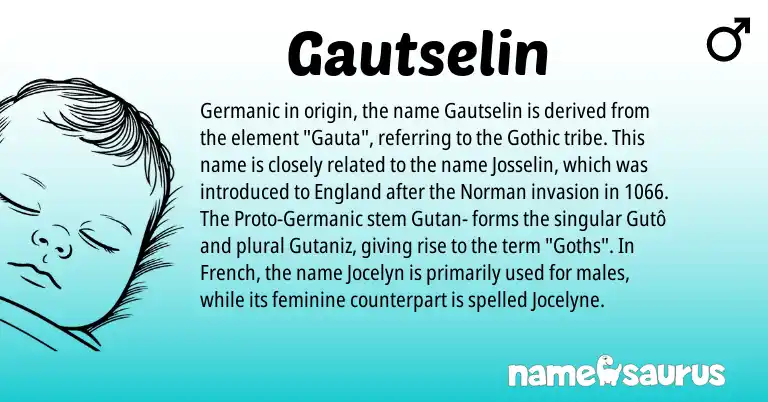 Infographic about Gautselin name meaning, Gautselin is a name from England, French, Germanic, Norman, Gothic origin(s).