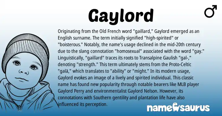 Infographic about Gaylord name meaning, Gaylord is a name from English, Proto-Celtic, Old French, Gaulish origin(s).