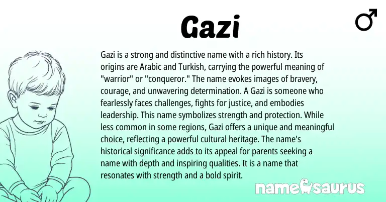 Infographic about Gazi name meaning, Gazi is a name from Turkish, Arabic origin(s).