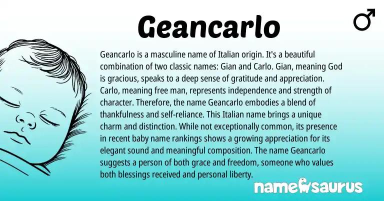 Infographic about Geancarlo name meaning, Geancarlo is a name from Italian origin(s).