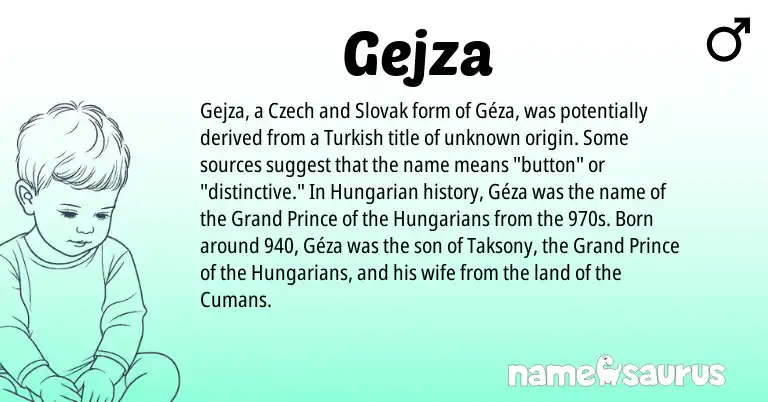 Infographic about Gejza name meaning, Gejza is a name from Hungarian, Slovak, Czech, Turkish origin(s).