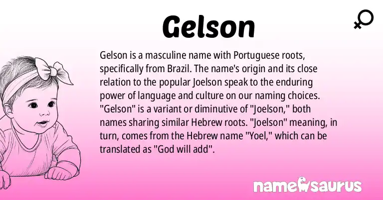 Infographic about Gelson name meaning, Gelson is a name from Portuguese (Brazilian) origin(s).