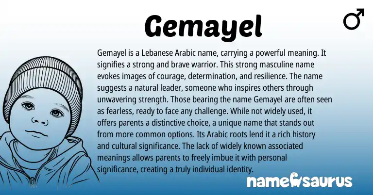 Infographic about Gemayel name meaning, Gemayel is a name from Arabic origin(s).