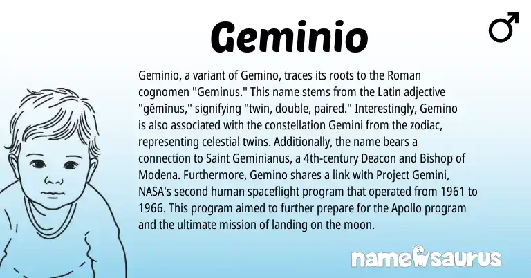 Infographic about Geminio name meaning, Geminio is a name from Roman, Latin origin(s).